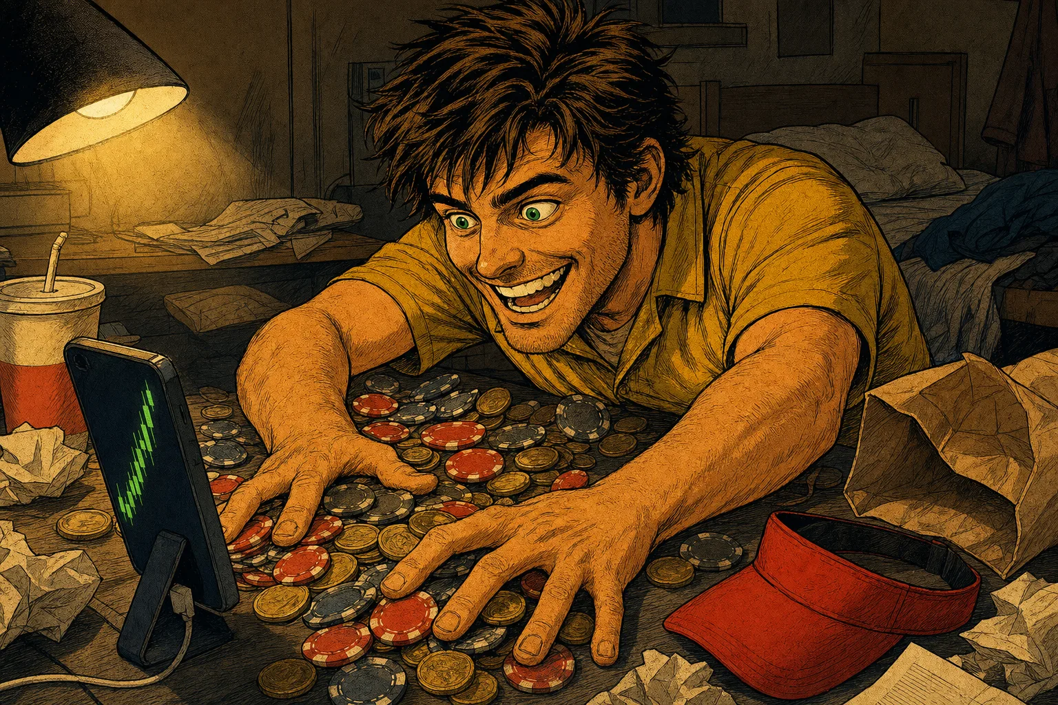 Mack pushing every chip toward a phone displaying a rising green chart