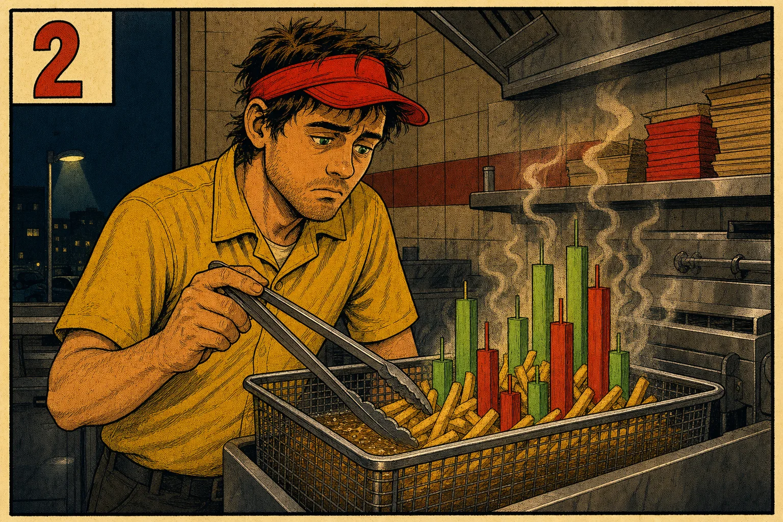 Mack studying french fries that resemble trading candlesticks during a night shift