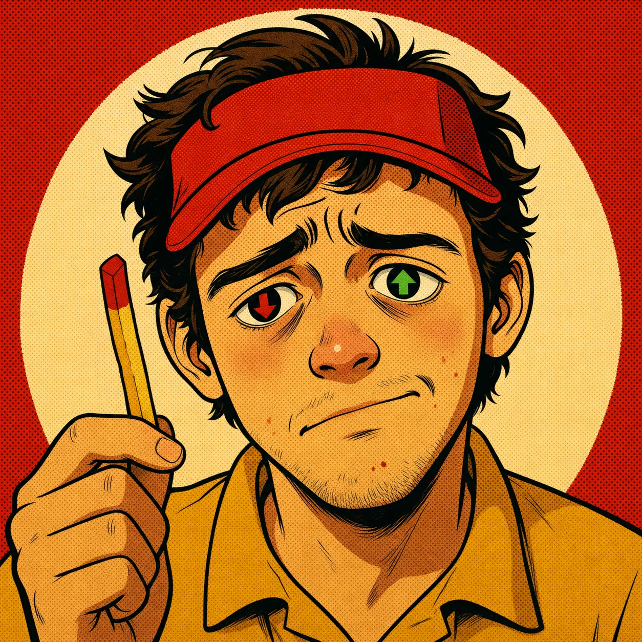 Mack holding a single fry while red and green arrows reflect in his eyes